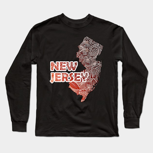 Colorful mandala art map of New Jersey with text in brown and orange Long Sleeve T-Shirt by Happy Citizen